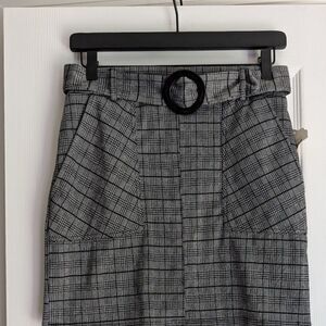 NWT Altar'd State Gray & Black Plaid Mini Skirt with Chunky Black Circle Buckle
